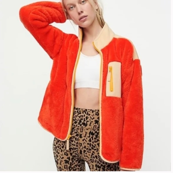 J. Crew Superplush Sherpa Full Zip Jacket Orange Colorblock - Picture 1 of 16